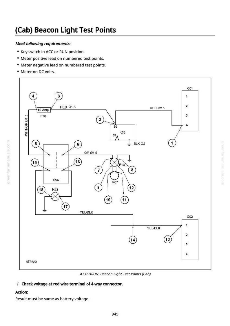 May include: Diagram of a beacon light test system, with numbered points and electrical components. Text includes "(Cab) Beacon Light Test Points" and instructions for testing voltage. The diagram uses black lines and circles on a white background.