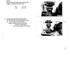 May include: Technical diagram with text detailing brake valve and shuttle valve assembly for a swing motor. Includes diagrams and specifications for bolts in kg.m. The document is labeled "Disassembly and Assembly".
