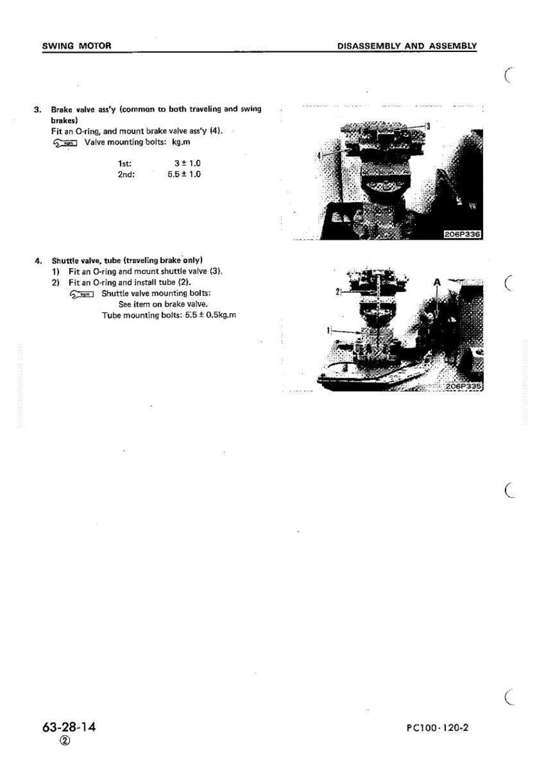 May include: Technical diagram with text detailing brake valve and shuttle valve assembly for a swing motor. Includes diagrams and specifications for bolts in kg.m. The document is labeled "Disassembly and Assembly".