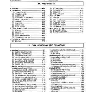May include: A detailed table of contents from a manual, featuring sections on engine components, fuel systems, and electrical systems. The document includes safety instructions, specifications, and performance curves.