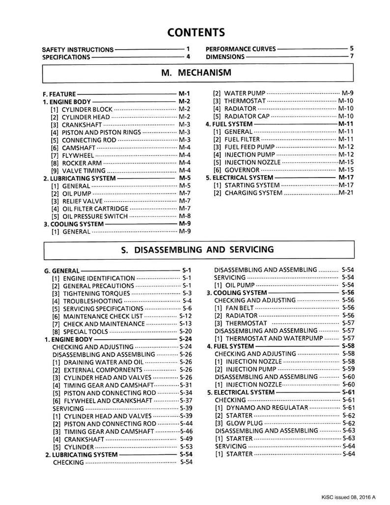 May include: A detailed table of contents from a manual, featuring sections on engine components, fuel systems, and electrical systems. The document includes safety instructions, specifications, and performance curves.