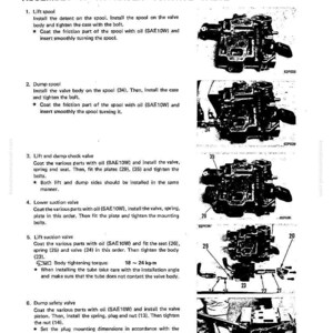 May include: Diagram of a hydraulic control valve assembly with numbered steps and illustrations. Instructions include installing spools, valves, and springs, with torque specifications in kg-m. The text includes the term "SAE10W" for oil.