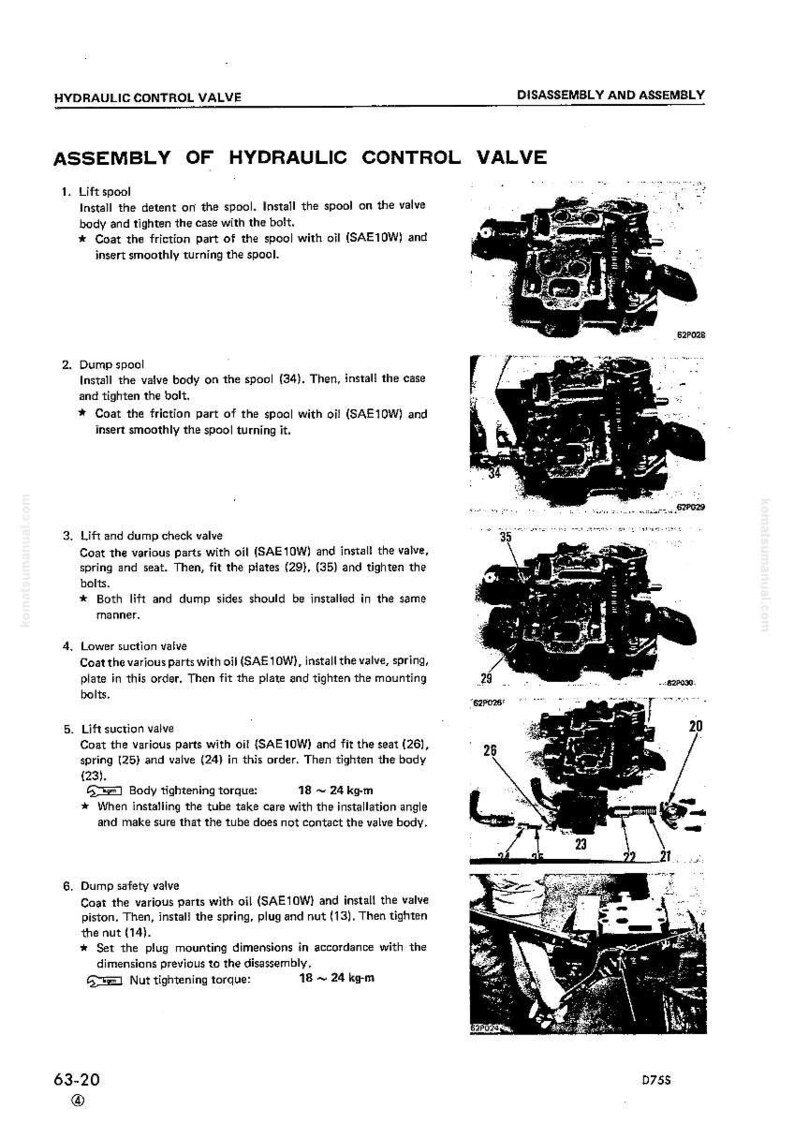 May include: Diagram of a hydraulic control valve assembly with numbered steps and illustrations. Instructions include installing spools, valves, and springs, with torque specifications in kg-m. The text includes the term "SAE10W" for oil.