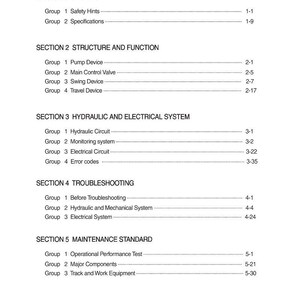 Op de afbeelding: Een wit document met een inhoudsopgave. Het document is onderverdeeld in secties zoals algemene informatie, structuur, functie, hydraulische en elektrische systemen, probleemoplossing en onderhoudsnormen. De titel "CONTENTS" staat bovenaan.
