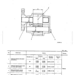 May include: Diagram of an oil pump with dimensions and specifications. The image includes a detailed schematic with labeled components and a table detailing clearance measurements in millimeters, including shaft and hole tolerances.