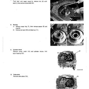 May include: Technical diagram illustrating the disassembly and assembly of a swing motor. The image shows detailed views of components like the drive shaft, bearing, cylinder block, and valve plate, with labels and part numbers.