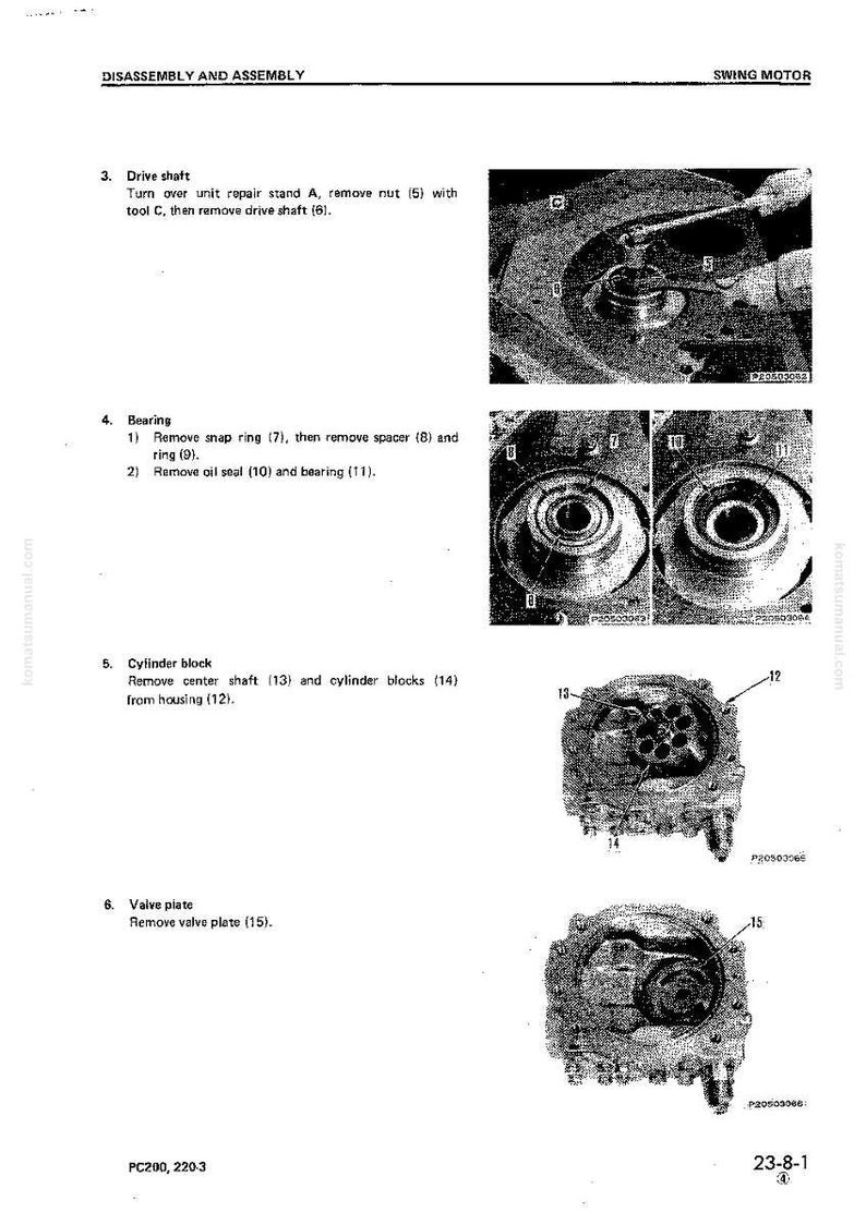 May include: Technical diagram illustrating the disassembly and assembly of a swing motor. The image shows detailed views of components like the drive shaft, bearing, cylinder block, and valve plate, with labels and part numbers.