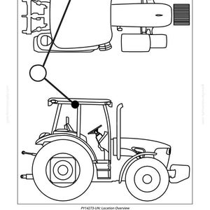 K&ouml;nnte beinhalten: Strichzeichnung eines Traktors mit einer Draufsicht auf die Oberseite des Traktors und einer Seitenansicht. Der Traktor hat gro&szlig;e Reifen, eine Kabine und einen Schornstein. Der Text "PY14273-UN: Location Overview" steht unten.