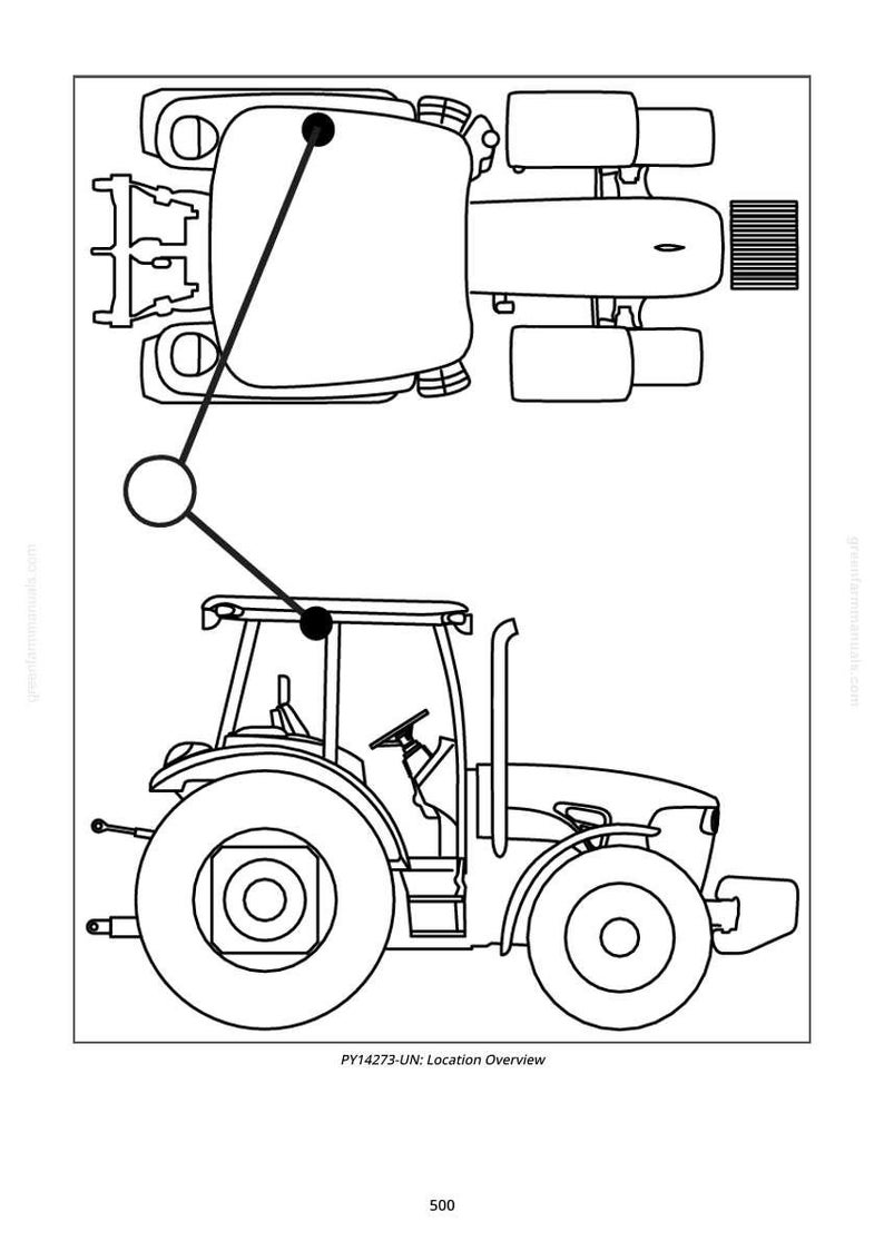 K&ouml;nnte beinhalten: Strichzeichnung eines Traktors mit einer Draufsicht auf die Oberseite des Traktors und einer Seitenansicht. Der Traktor hat gro&szlig;e Reifen, eine Kabine und einen Schornstein. Der Text "PY14273-UN: Location Overview" steht unten.