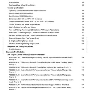 May include: A technical manual page with a table of contents and diagnostic trouble codes. The document lists specifications, dimensions, and torque values. Includes engine control unit diagnostic trouble codes and temperature readings.