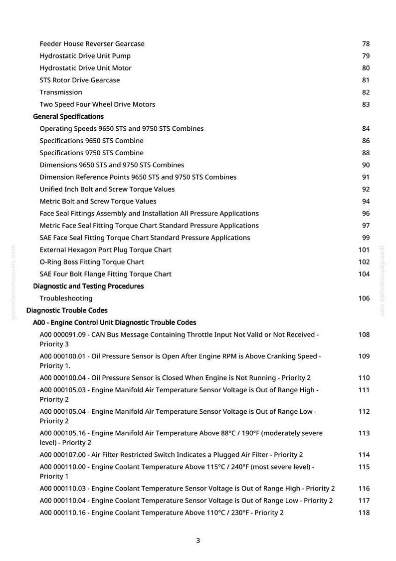 May include: A technical manual page with a table of contents and diagnostic trouble codes. The document lists specifications, dimensions, and torque values. Includes engine control unit diagnostic trouble codes and temperature readings.