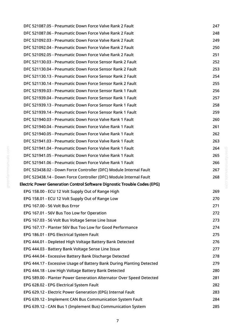 May include: A list of diagnostic trouble codes for an agricultural machine, including faults related to pneumatic down force valves, sensors, and the electric power generation system. The codes are accompanied by corresponding numerical values.