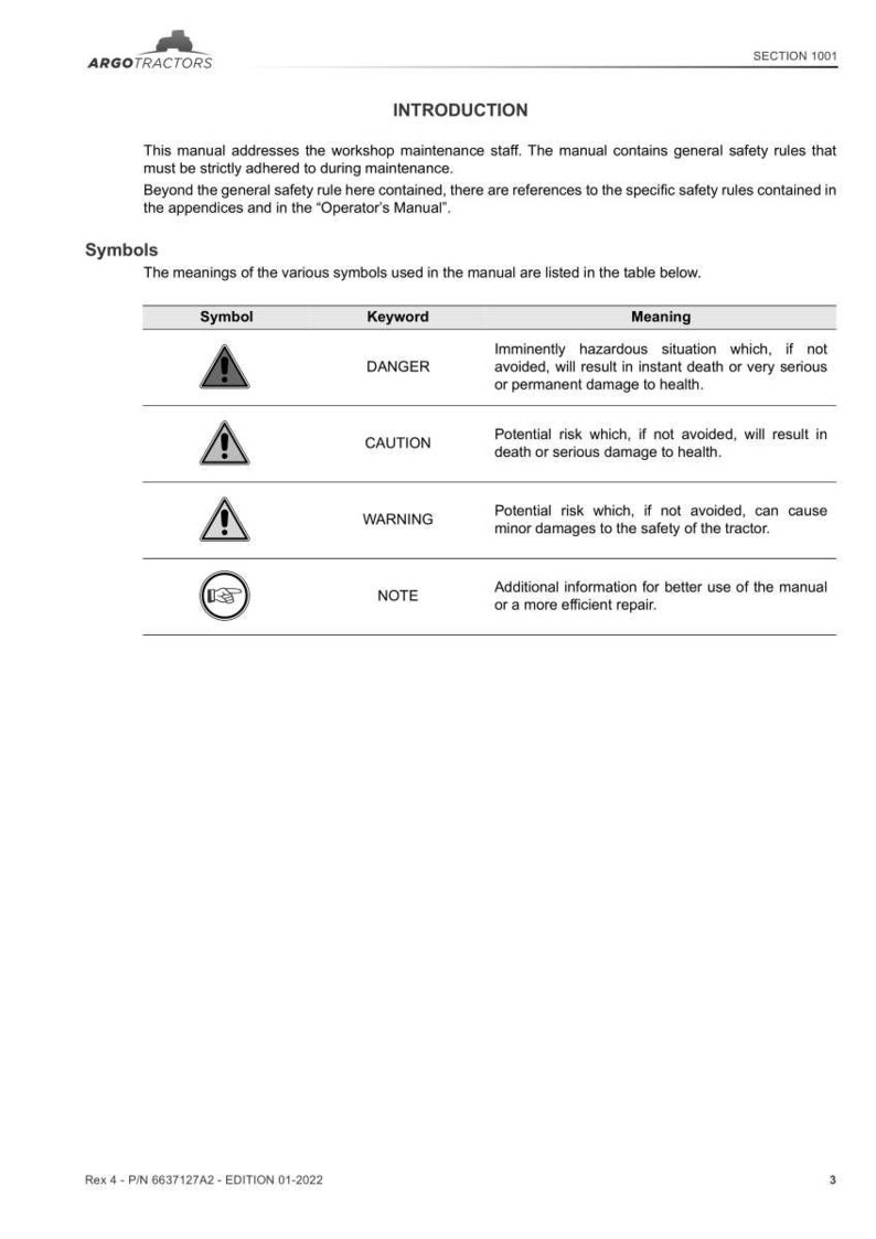 Peut inclure: Une page de manuel avec le logo ARGO TRACTORS. Elle pr&eacute;sente une introduction et des symboles de s&eacute;curit&eacute; tels que 'DANGER', 'ATTENTION' et 'AVERTISSEMENT', avec leurs significations. Le texte est en noir sur fond blanc.