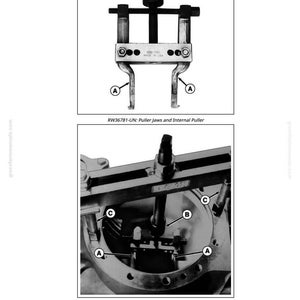 May include: Diagram of a puller tool, labeled with letters A, B, and C. The top image shows the puller jaws and internal puller. The bottom image shows bearing cup removal. The text "MADE IN USA" is visible.