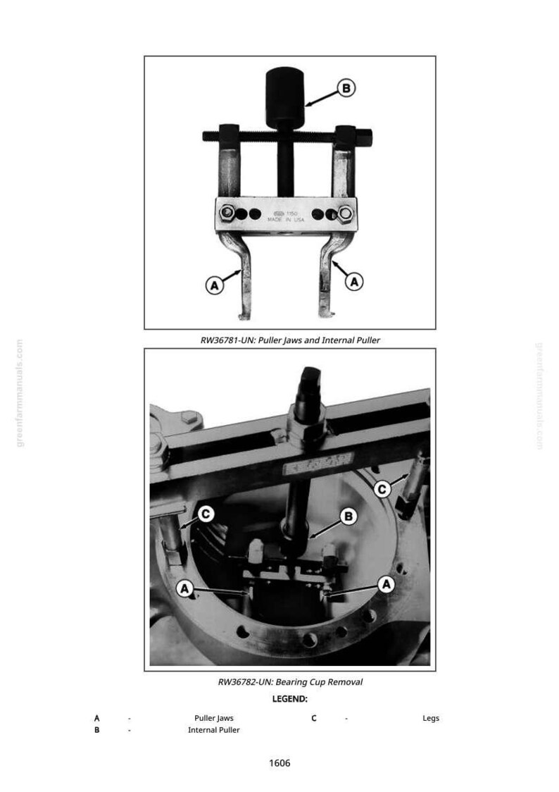 May include: Diagram of a puller tool, labeled with letters A, B, and C. The top image shows the puller jaws and internal puller. The bottom image shows bearing cup removal. The text "MADE IN USA" is visible.