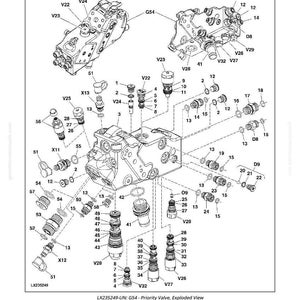 May include: An exploded diagram of the G54 Priority Valve (PFC Hydraulic System). The diagram shows various components labelled with numbers and letters, including valves, fittings, and other mechanical parts. The image is in black and white.