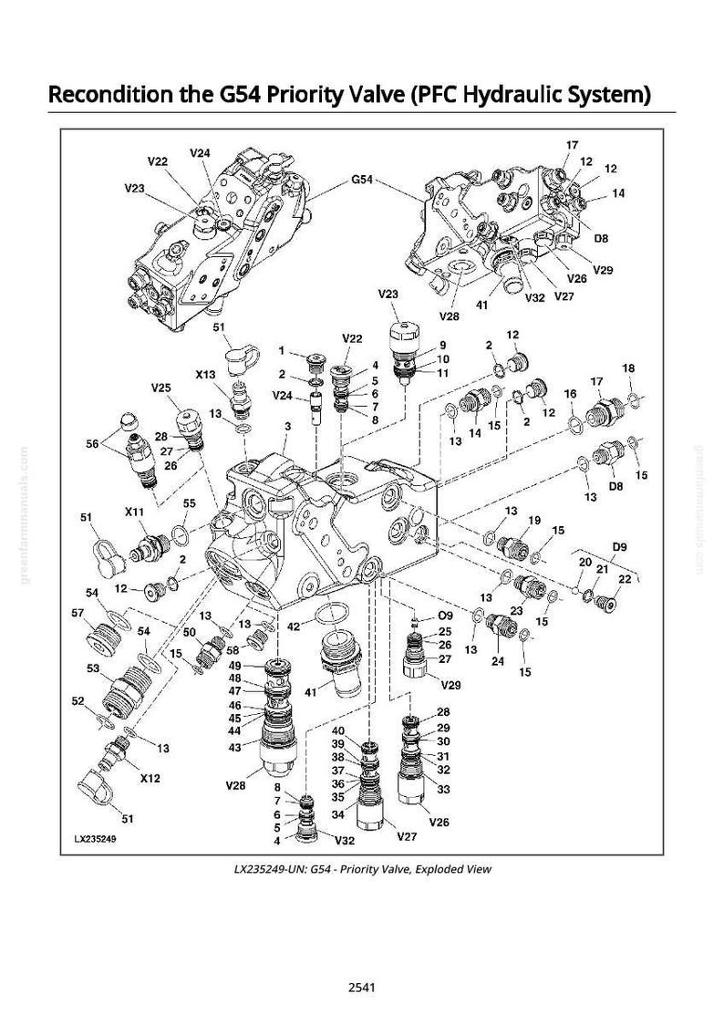 May include: An exploded diagram of the G54 Priority Valve (PFC Hydraulic System). The diagram shows various components labelled with numbers and letters, including valves, fittings, and other mechanical parts. The image is in black and white.