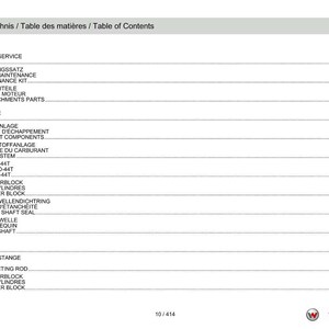 May include: A white and gray table of contents page with text in English, French, and German. The document lists various engine components and service kits. The Weidemann logo is in the bottom right corner.