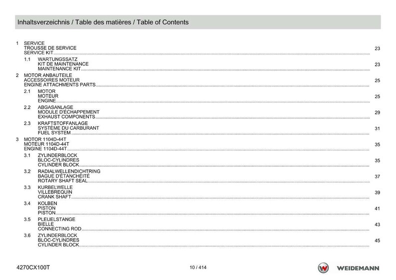 May include: A white and gray table of contents page with text in English, French, and German. The document lists various engine components and service kits. The Weidemann logo is in the bottom right corner.