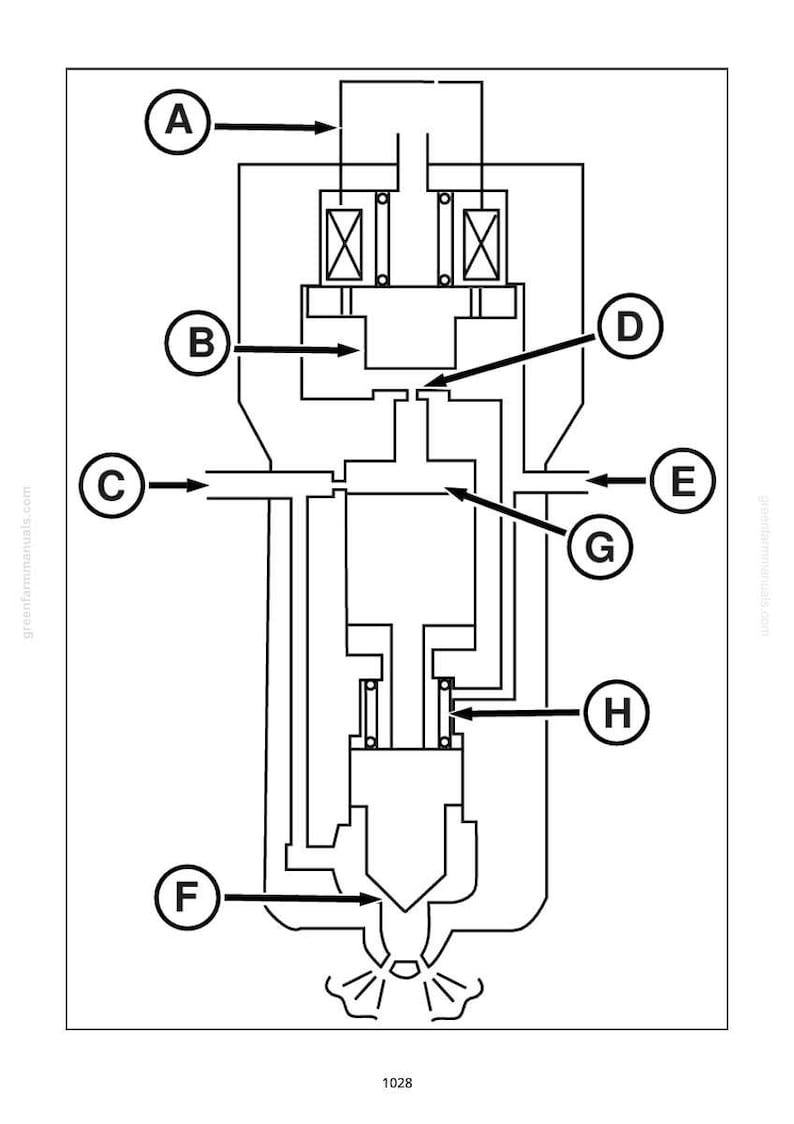 May include: A detailed black and white diagram of a mechanical component, likely a valve or injector. The diagram includes labeled arrows and internal components, with the number "1028" at the bottom.