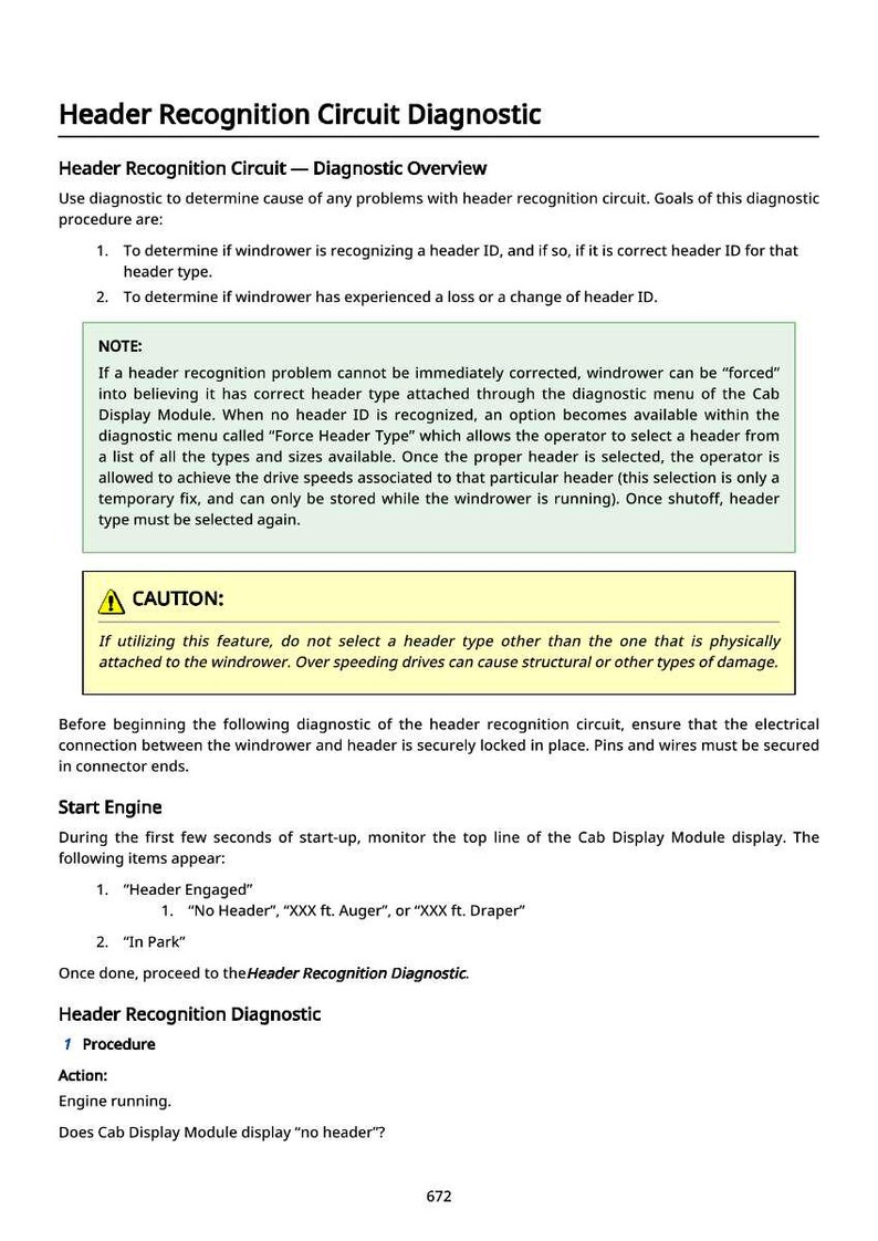 Puede incluir: Una descripci&oacute;n general del diagn&oacute;stico del circuito de reconocimiento de cabezal. El documento detalla los procedimientos para determinar el reconocimiento de la ID del cabezal y solucionar problemas. Incluye una advertencia sobre la selecci&oacute;n del tipo de cabezal e instrucciones de arranque del motor.