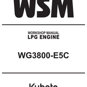 May include: A white document with black text. The top of the document reads "WSM". Below that, it says "WORKSHOP MANUAL LPG ENGINE". The text "WG3800-E5C" is centered. The Kubota logo is at the bottom.