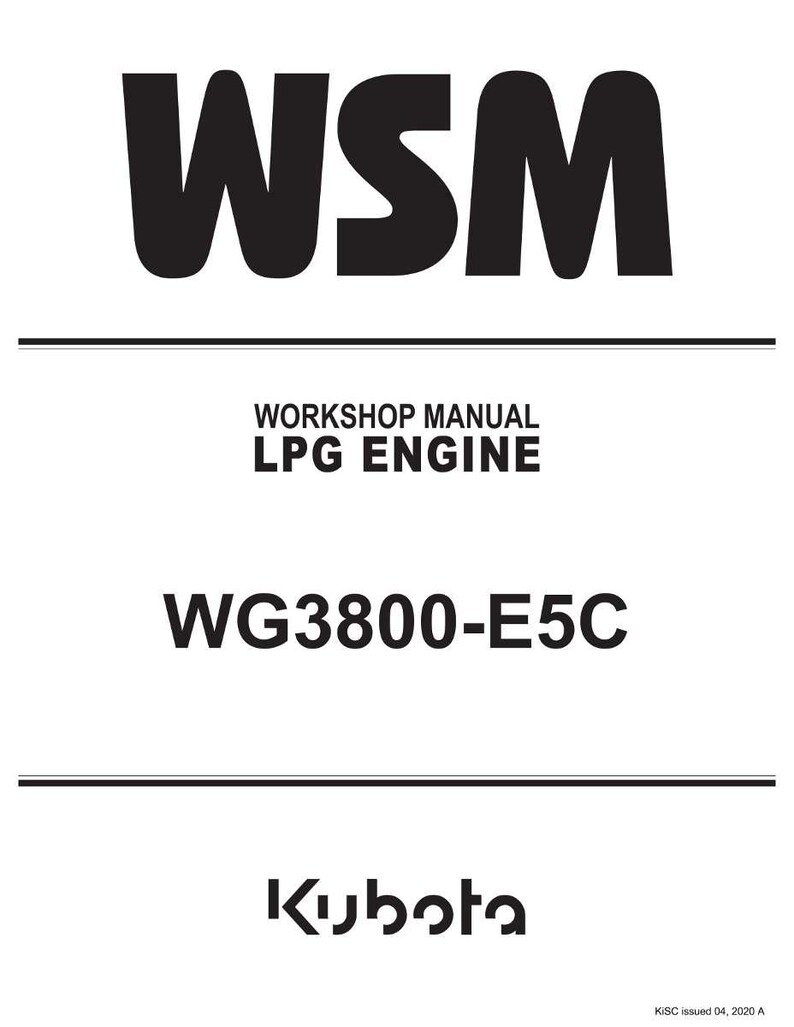 May include: A white document with black text. The top of the document reads "WSM". Below that, it says "WORKSHOP MANUAL LPG ENGINE". The text "WG3800-E5C" is centered. The Kubota logo is at the bottom.