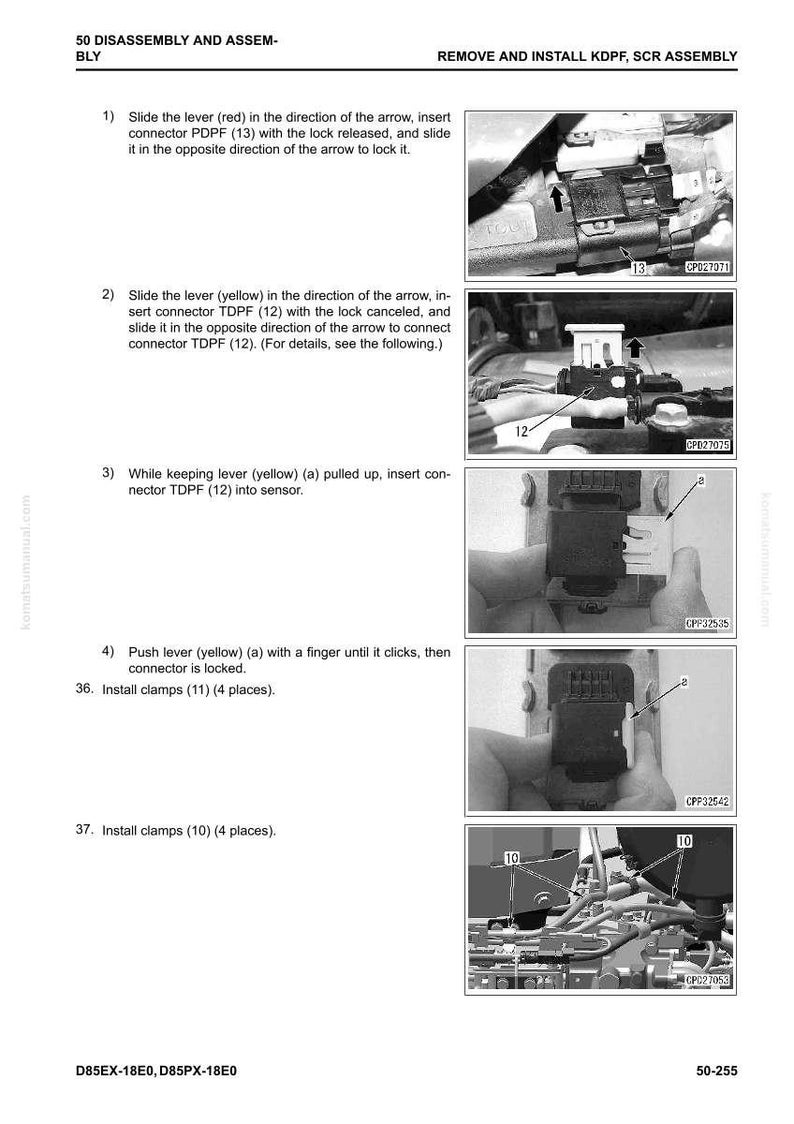 May include: A page from a manual detailing the disassembly and assembly of a KDPF and SCR assembly. The manual includes diagrams and instructions with arrows and labels for each step. The text includes the model numbers D85EX-18E0 and D85PX-18E0.