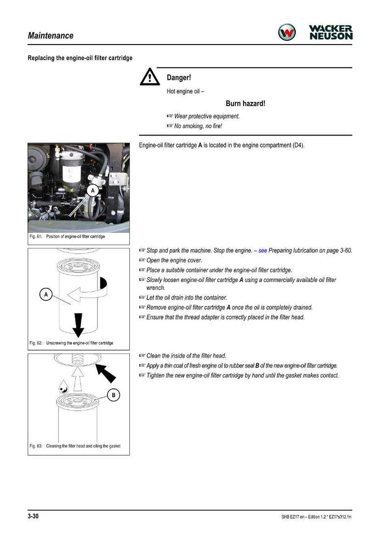 May include: A page from a maintenance manual detailing how to replace an engine-oil filter cartridge. It features diagrams, safety warnings, and instructions. The Wacker Neuson logo is visible at the top right.