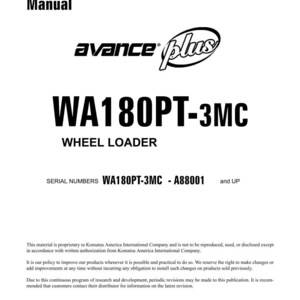 K&ouml;nnte beinhalten: Ein wei&szlig;es Shop-Handbuch-Cover mit dem Text "Shop Manual" oben. Das Cover zeigt das "avance plus"-Logo und den Text "WA180PT-3MC WHEEL LOADER". Die Seriennummern WA180PT-3MC - A88001 und UP werden ebenfalls angezeigt.