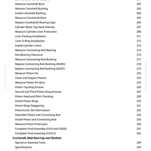 May include: A white page with a list of automotive engine repair procedures, including "Cylinder Liner Deglazing," "Measure Camshaft Bore," and "Install Piston Rings." The page numbers are listed on the right side.