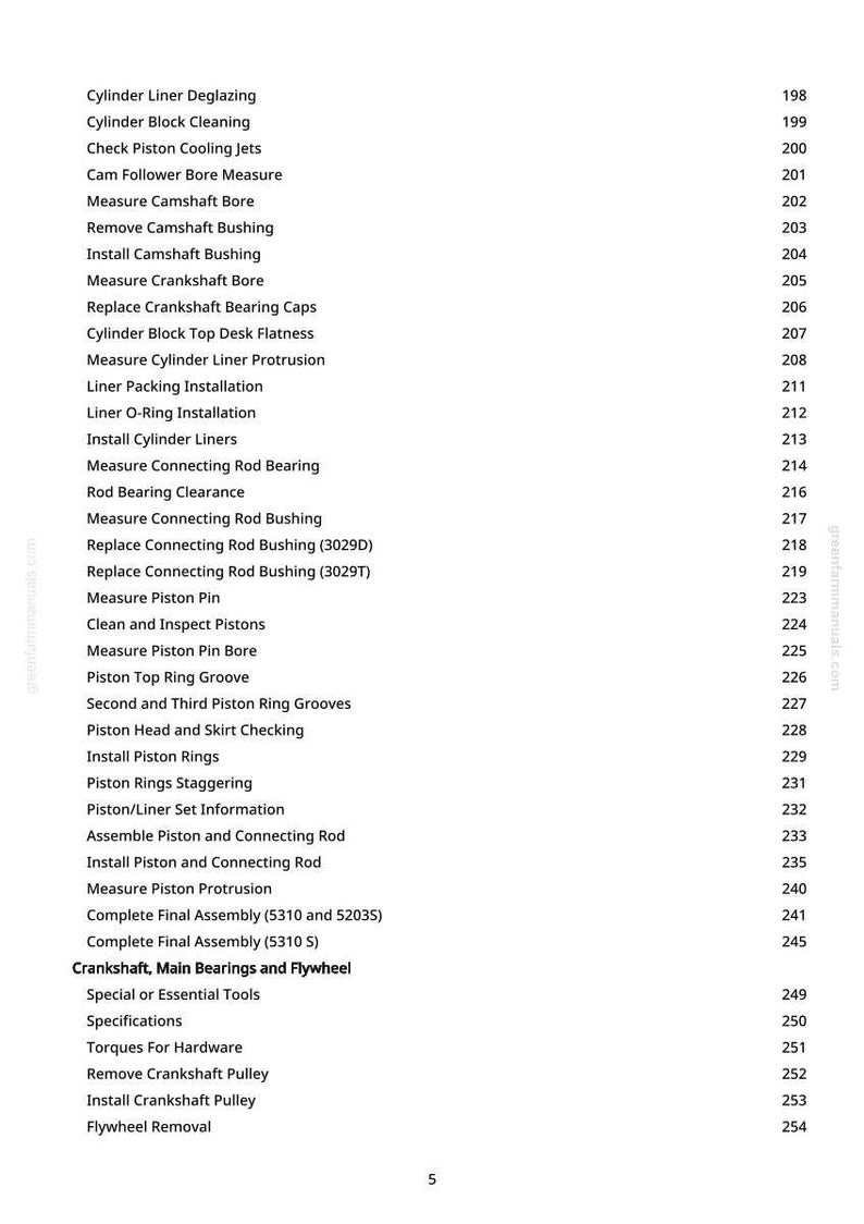 May include: A white page with a list of automotive engine repair procedures, including "Cylinder Liner Deglazing," "Measure Camshaft Bore," and "Install Piston Rings." The page numbers are listed on the right side.