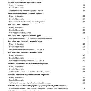 May include: A white-backgrounded page from a manual, listing various diagnostic procedures for agricultural equipment. The text includes "CCS Seed Delivery Blower Diagnostics," "Field Raise-Lower Diagnostics," and "Half Width Disconnect" with page numbers.