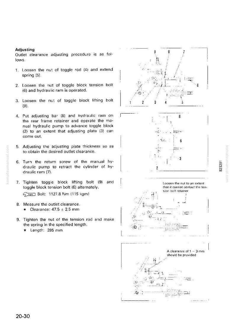 May include: A technical diagram with instructions for adjusting an outlet clearance. The diagram includes numbered steps, measurements in millimetres, and a bolt torque specification of 1127.8 Nm. The text also includes the length of 285 mm.