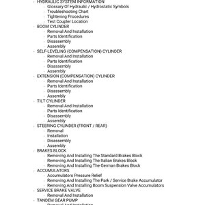 May include: A technical document detailing hydraulic system procedures. It lists components, including boom cylinders and brakes, with instructions for removal, installation, and parts identification. Includes metric measurements.