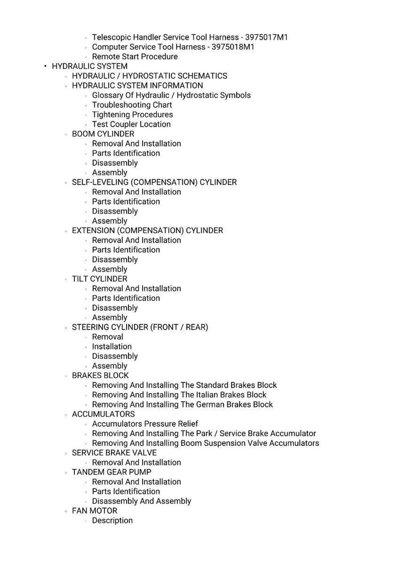 May include: A technical document detailing hydraulic system procedures. It lists components, including boom cylinders and brakes, with instructions for removal, installation, and parts identification. Includes metric measurements.