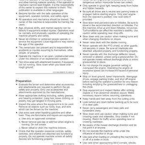 May include: A page from a safety manual with headings like "Operator Training Required" and "Operating Safely." The text provides instructions and warnings for equipment operation, including safety precautions and maintenance guidelines.