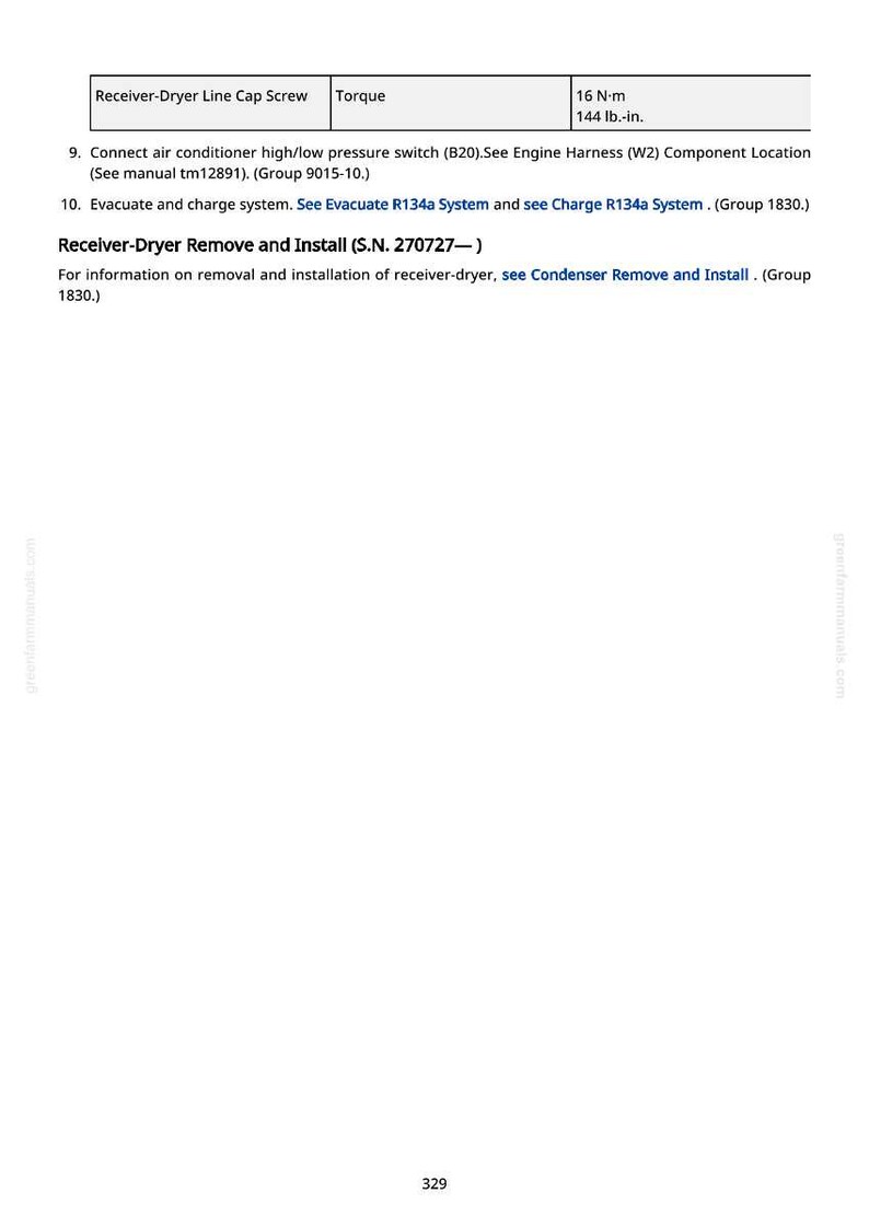 May include: A page from a manual with text detailing the removal and installation of a receiver-dryer. Includes torque specifications of 16 N-m (144 lb.-in.) and instructions for connecting the air conditioner switch.