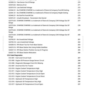 May include: A page from a manual with a list of diagnostic codes and error messages, including GPS, StarFire, and CCU codes. The text is in black font on a white background, with page numbers on the right.