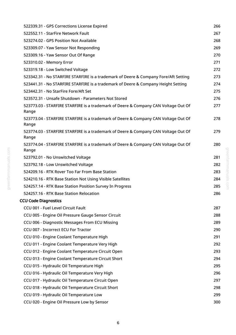 May include: A page from a manual with a list of diagnostic codes and error messages, including GPS, StarFire, and CCU codes. The text is in black font on a white background, with page numbers on the right.