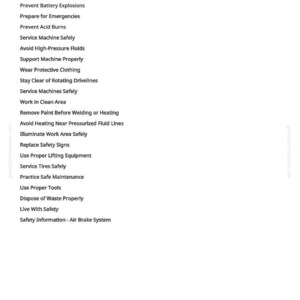 May include: A white page with the title "Safety Information - Summary of References" and a list of safety guidelines. The text includes topics like "Prevent Battery Explosions" and "Service Machine Safely."