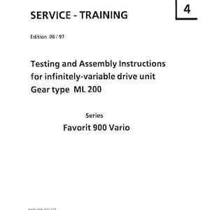 May include: A white document with the FENDT logo and the words "SERVICE - TRAINING." It includes instructions for a drive unit, gear type ML 200, and the series Favorit 900 Vario. The document also has the text "Note: In this document the search function can not be used."