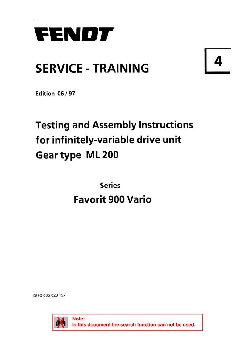 May include: A white document with the FENDT logo and the words "SERVICE - TRAINING." It includes instructions for a drive unit, gear type ML 200, and the series Favorit 900 Vario. The document also has the text "Note: In this document the search function can not be used."