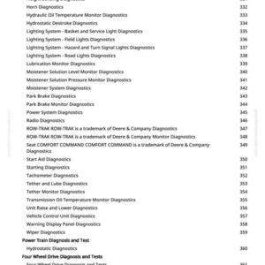 K&ouml;nnte beinhalten: Eine wei&szlig;e Seite mit einer Liste von Diagnosetermen, darunter "GREENSTAR Sensor Combiner Diagnostics" und "Power Train Diagnosis and Test." Zahlen sind auf der rechten Seite aufgef&uuml;hrt.