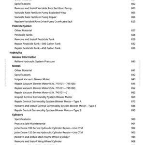 May include: A page from a manual with a table of contents. The text includes sections on fertilizer, pesticide systems, hydraulics, motors, and cylinders. Page numbers are listed on the right.