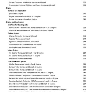 Puede incluir: Una lista detallada de procedimientos relacionados con el motor, que incluye instrucciones de extracci&oacute;n e instalaci&oacute;n para varios componentes como la unidad de control de la transmisi&oacute;n, el filtro de aire y los sistemas de fluido de escape di&eacute;sel. Texto negro sobre fondo blanco.