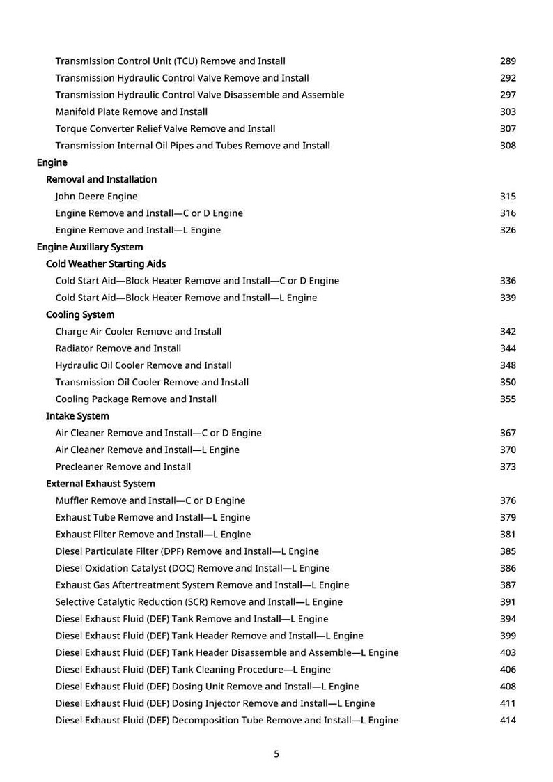 Puede incluir: Una lista detallada de procedimientos relacionados con el motor, que incluye instrucciones de extracci&oacute;n e instalaci&oacute;n para varios componentes como la unidad de control de la transmisi&oacute;n, el filtro de aire y los sistemas de fluido de escape di&eacute;sel. Texto negro sobre fondo blanco.