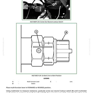 K&ouml;nnte beinhalten: Technisches Diagramm einer mechanischen Komponente mit Beschriftungen und Anweisungen. Das Bild enth&auml;lt ein Nahaufnahmefoto eines eingestellten Teils und eine detaillierte Illustration mit beschrifteten Komponenten. Der Text enth&auml;lt Anweisungen zur Einstellung und Messung.