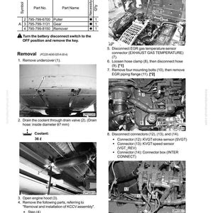 Pode incluir: Diagrama detalhado das etapas de desmontagem e montagem de um motor. Inclui n&uacute;meros de pe&ccedil;a, nomes e quantidades de ferramentas como um extrator, uma engrenagem e um removedor. Instru&ccedil;&otilde;es para remover a tampa, drenar o l&iacute;quido de arrefecimento e desconectar os conectores.