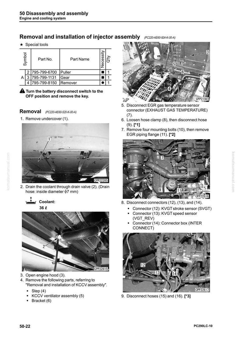 Pode incluir: Diagrama detalhado das etapas de desmontagem e montagem de um motor. Inclui n&uacute;meros de pe&ccedil;a, nomes e quantidades de ferramentas como um extrator, uma engrenagem e um removedor. Instru&ccedil;&otilde;es para remover a tampa, drenar o l&iacute;quido de arrefecimento e desconectar os conectores.